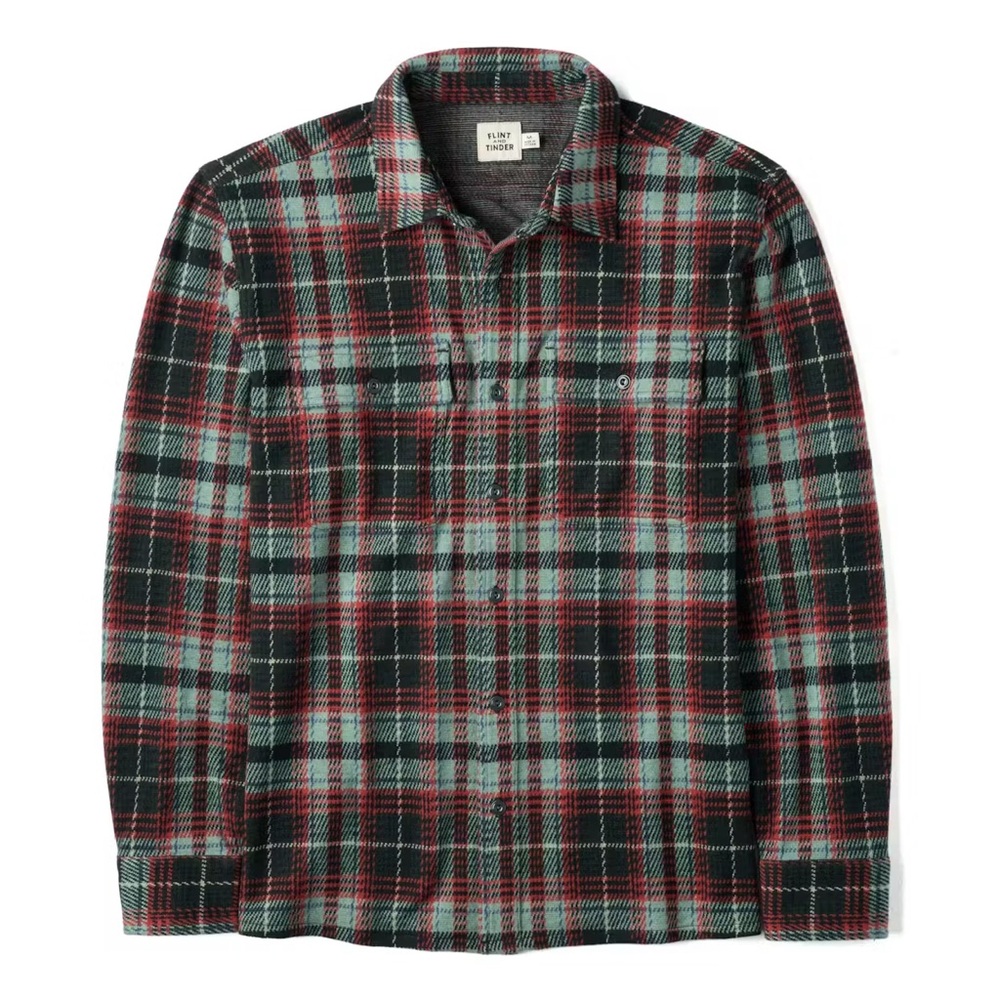 Huckberry Flint and Tinder Stretch Knit Flannel Shirt Washed Spruce Season Plaid